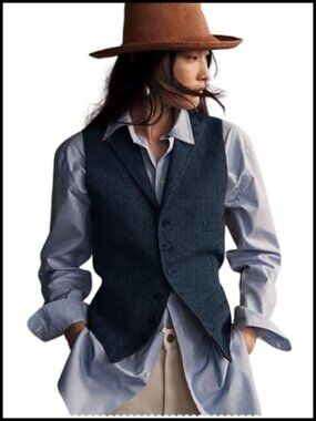 Herringbone Tweed V-Neck Sleeveless Suit Vest with Pockets, 6-Button, Work